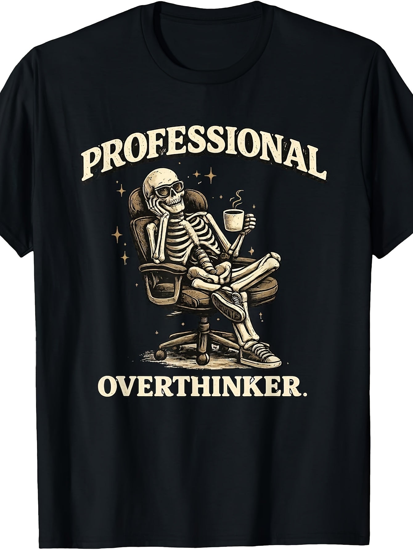 Funny Overthinker T-Shirt - Retro Vintage Humor with "Professional Overthinker" & Brain/Skeleton Graphics, Round Neck Casual Tee Suitable for - Wear, Machine Washable Apparel for Office & Everyday Outfits