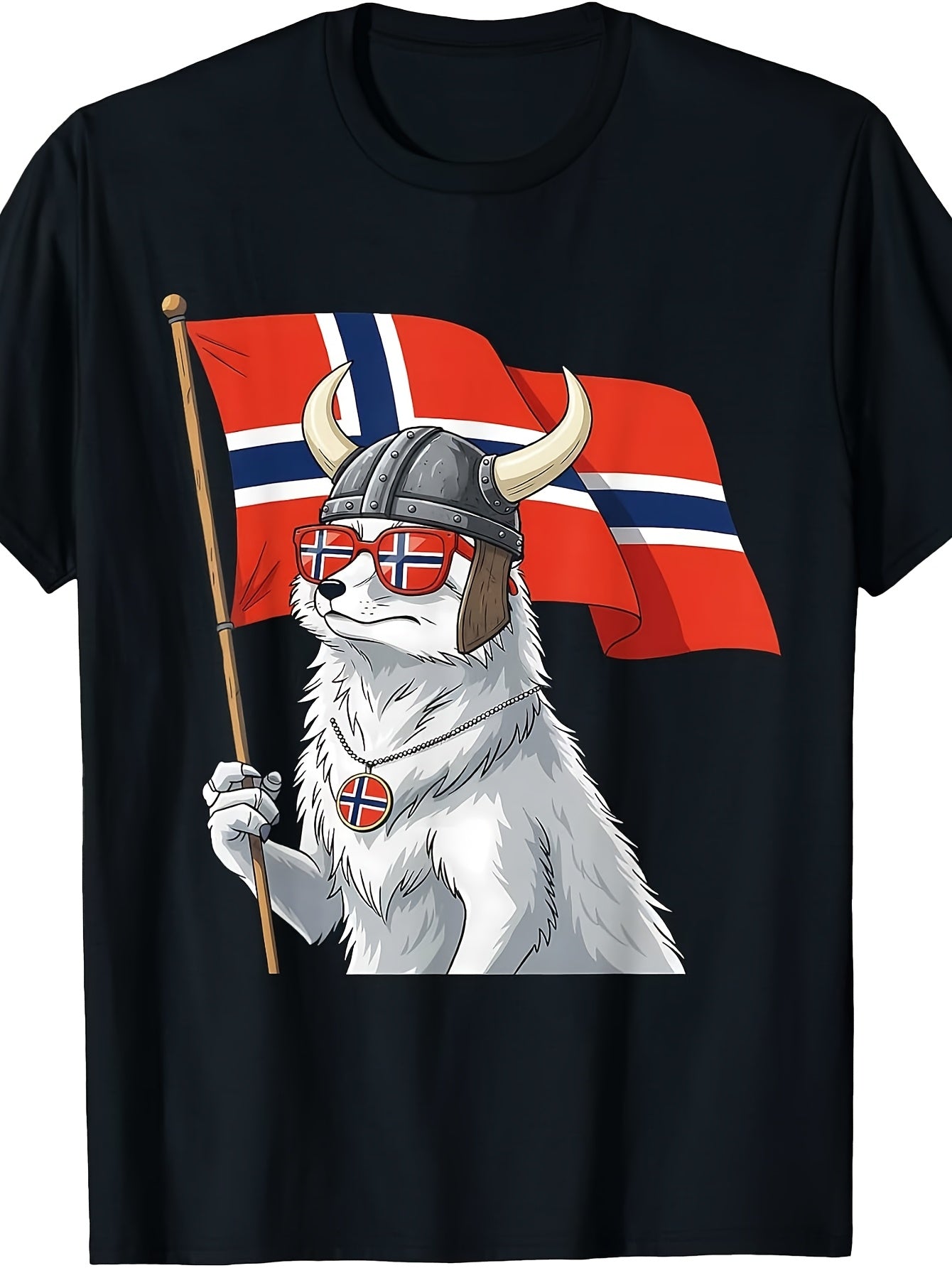 Norwegian, Viking Wolf Flag, T-Shirt, Cartoon Graphic, Crew Neck, Patriotic Gift