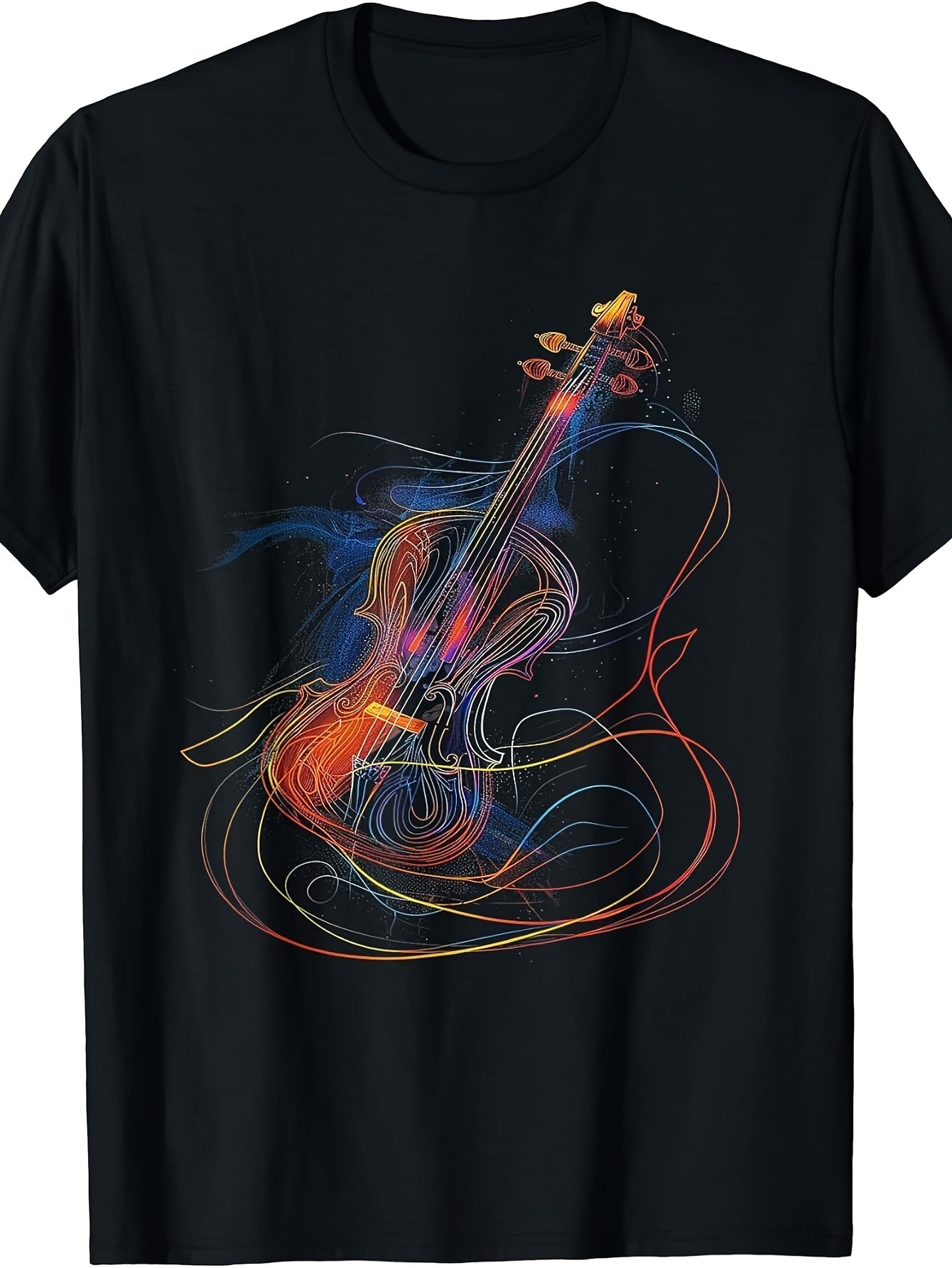 Music Lover, Abstract Violin Art, T-Shirt, Colorful Swirl Design, Crew Neck, Casual Wear