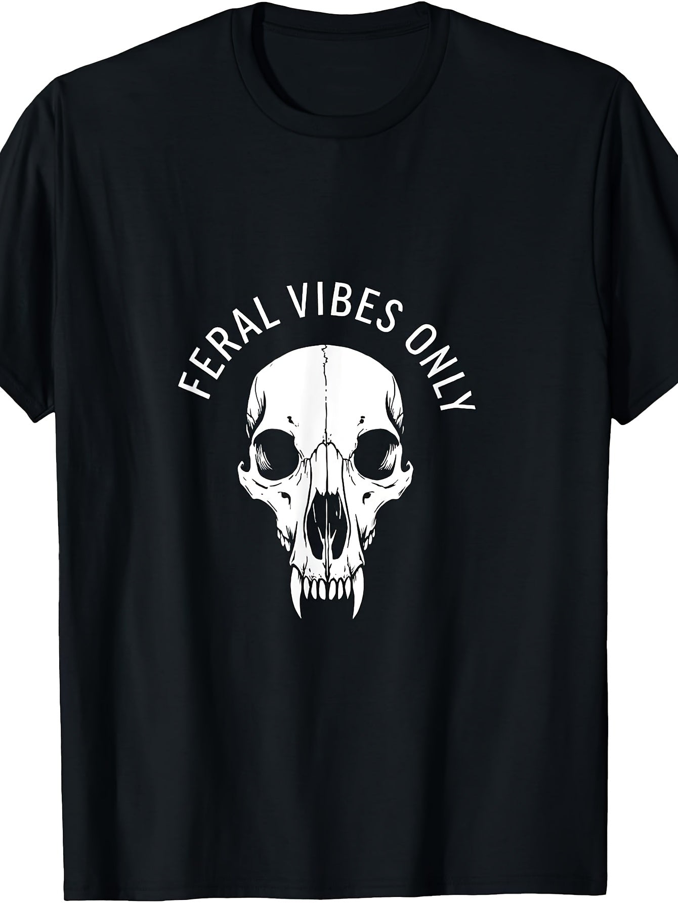 Edgy, Feral Vibes Skull Graphic Tee, White Print, Crew Neck, Casual Wear