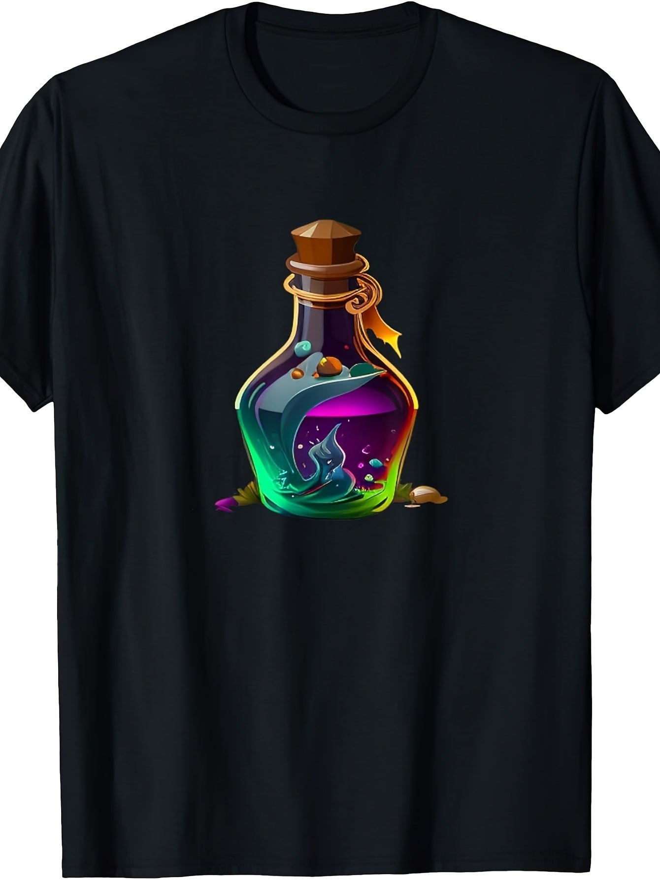 Fantasy Style, Men'S And Women'S T-Shirt, Magical Potion Bottle with Glowing Liquid And Mystical Elements, Casual Wear, All Seasons