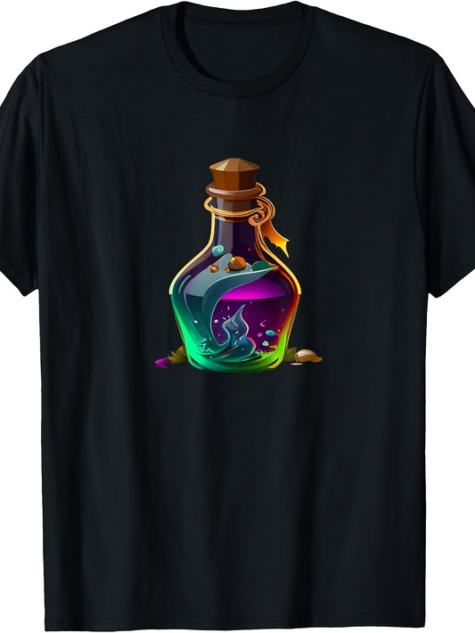 Fantasy Style, Men'S And Women'S T-Shirt, Magical Potion Bottle with Glowing Liquid And Mystical Elements, Casual Wear, All Seasons