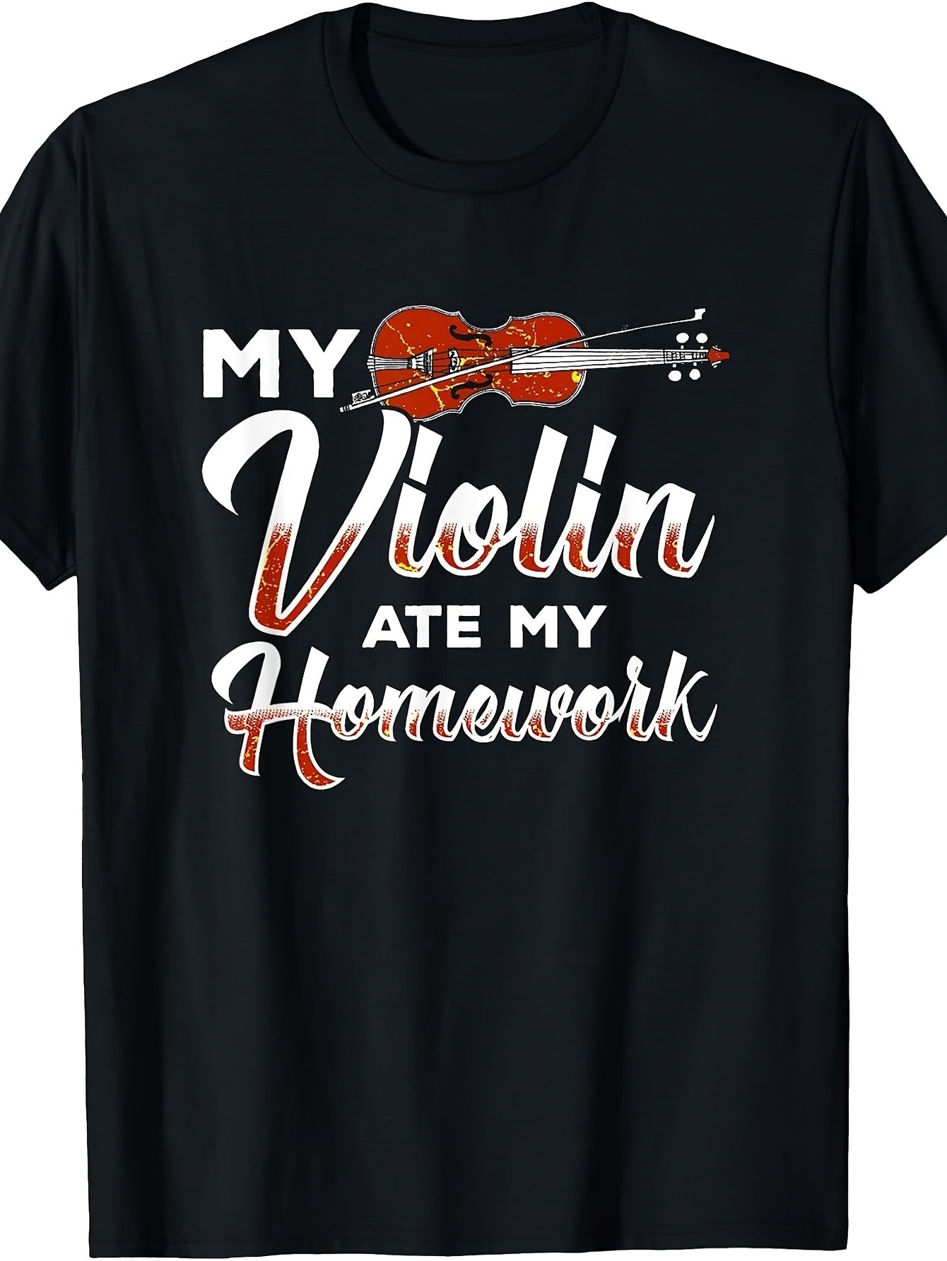 Retro Violin T-Shirt with Bow & Strings Graphic - Funny Fiddle Music, Round Neck Casual Tee Suitable for Musicians, Orchestra Gifts, Machine Washable Vintage Apparel