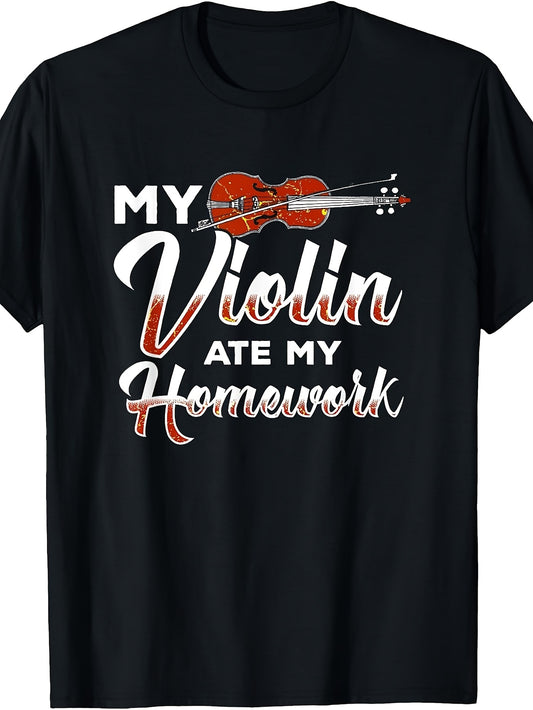 Retro Violin T-Shirt with Bow & Strings Graphic - Funny Fiddle Music, Round Neck Casual Tee Suitable for Musicians, Orchestra Gifts, Machine Washable Vintage Apparel