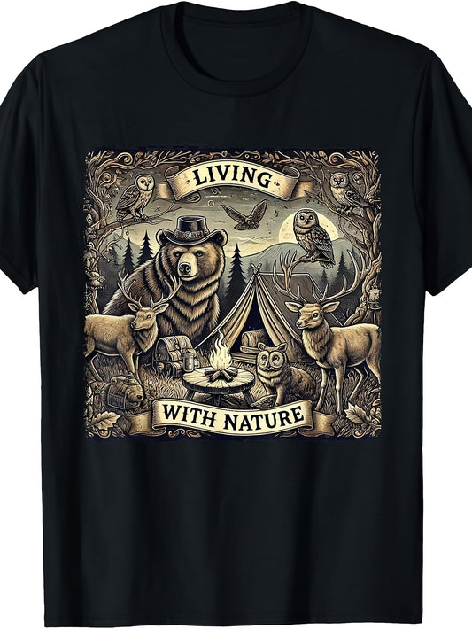 Outdoor Enthusiast, Living with Nature Wildlife Scene, T-Shirt, Vintage Camping Illustration, Crew Neck, Casual Wear