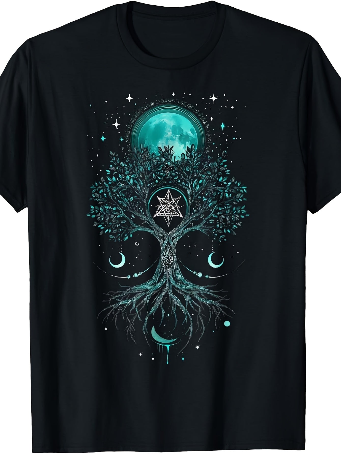 Mystic Tree of Life Moon Graphic T-Shirt, Teal Pentagram Art, Crew Neck, Spiritual Wear