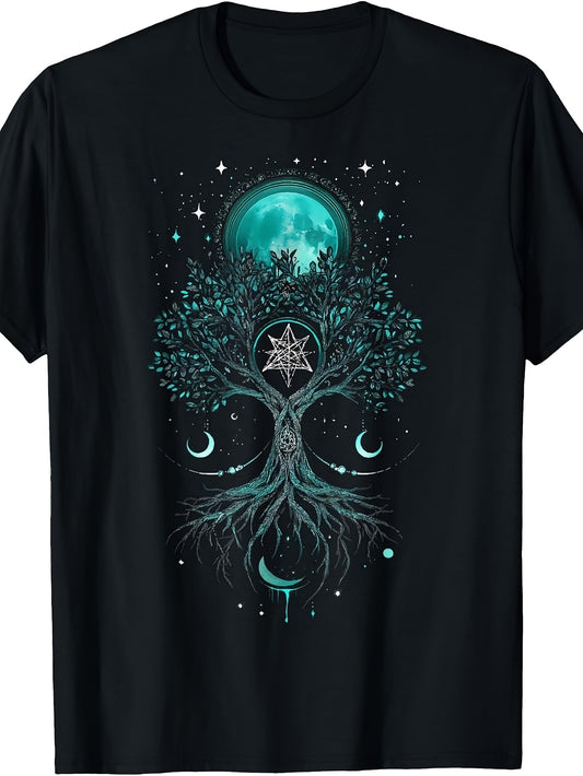 Mystic Tree of Life Moon Graphic T-Shirt, Teal Pentagram Art, Crew Neck, Spiritual Wear