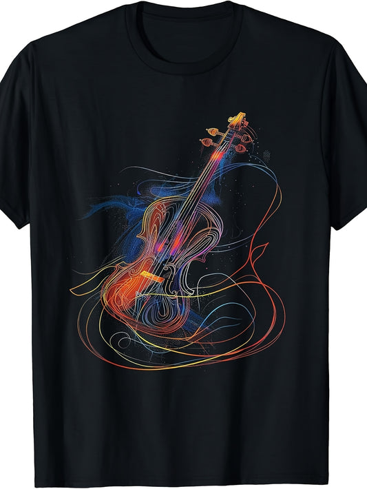 Music Lover, Abstract Violin Art, T-Shirt, Colorful Swirl Design, Crew Neck, Casual Wear