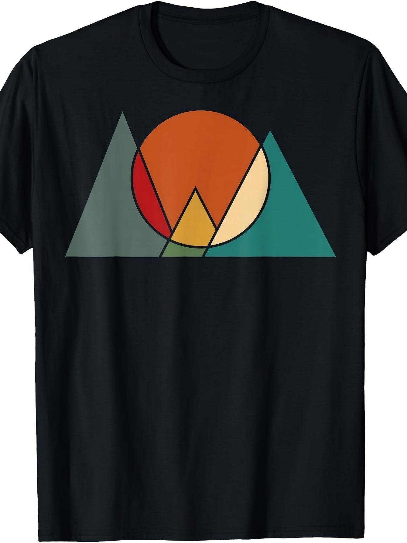 Retro Geometric Mountain Sunset, Men'S And Women'S T-Shirt, Abstract Nature Art Design, Summer Outdoor Casual Wear