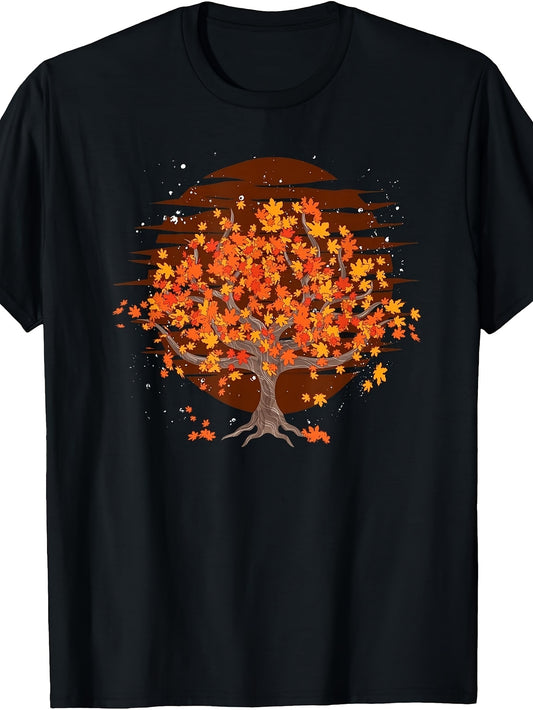 Autumn, Fall Tree, T-Shirt, Orange Leaves, Crew Neck, Casual Wear