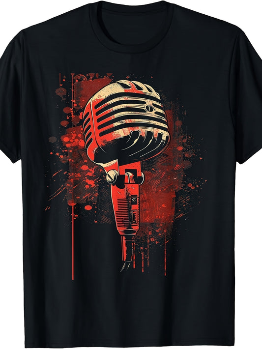 Retro, Vintage Microphone Graphic, T-Shirt, Red Splatter Art, Crew Neck, Music Lover Gift
