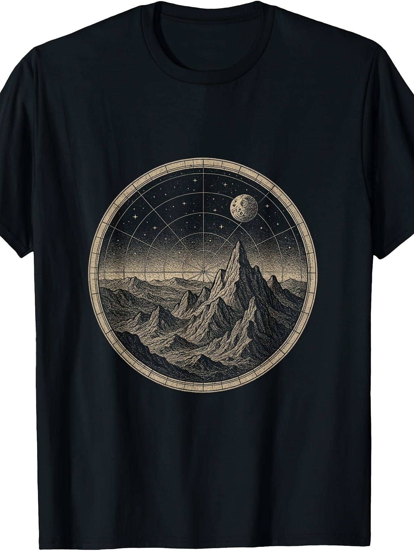 Vintage Style, Men'S And Women'S T-Shirt, Retro Mountain Landscape with Moon And Stars Circular Design, Casual Daily Wear Spring Summer Autumn