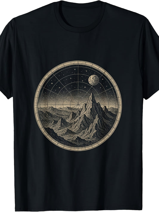 Vintage Style, Men'S And Women'S T-Shirt, Retro Mountain Landscape with Moon And Stars Circular Design, Casual Daily Wear Spring Summer Autumn