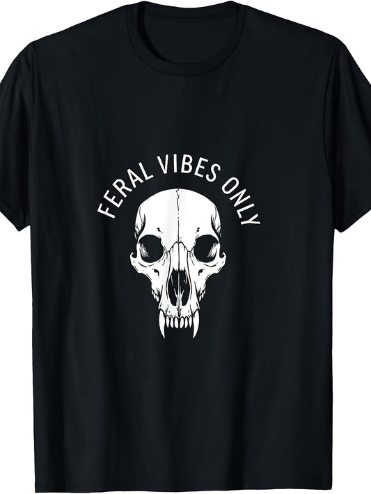 Edgy, Feral Vibes Skull Graphic Tee, White Print, Crew Neck, Casual Wear
