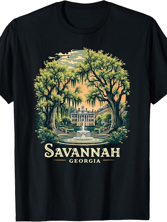 Vintage Savannah Georgia T-Shirt - Retro Cityscape with Iconic Skyline & Southern Landmarks, Round Neck Casual Tee Suitable for Travel Souvenirs, Year-Round for