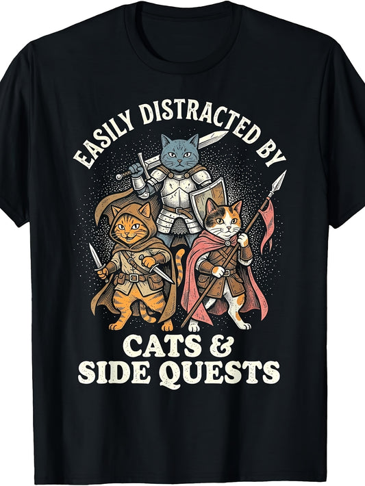 Retro Fantasy Warrior Cats T-Shirt - Suitable for - Casual Wear with Feline-Themed Side Quests Graphic, Crew Neck Regular Fit Tee for Cat Lovers & Role-Play Apparel