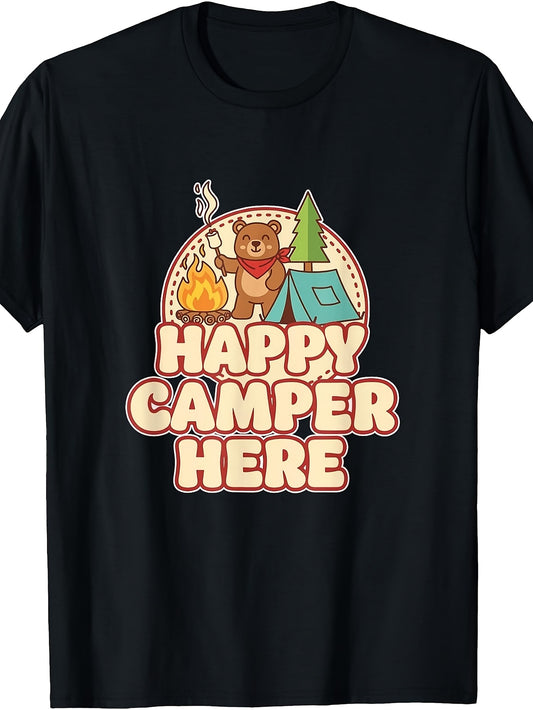 Retro, Happy Camper Bear, T-Shirt, Vintage Camping Graphic, Crew Neck, Outdoor Adventure