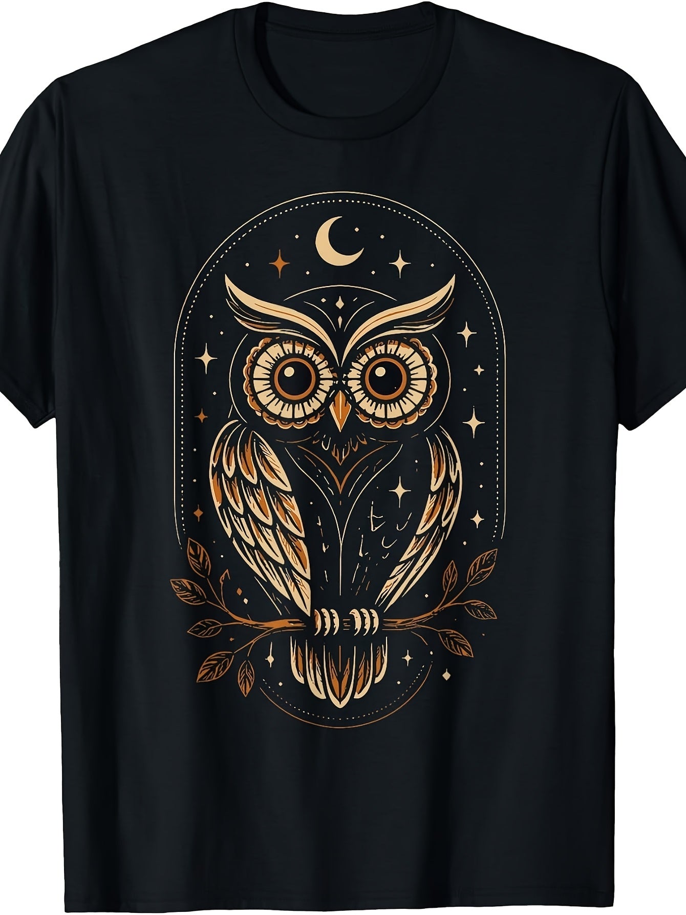 Mystic, Golden Owl Starry Night, T-Shirt, Celestial Branch Graphic, Crew Neck, Casual Wear