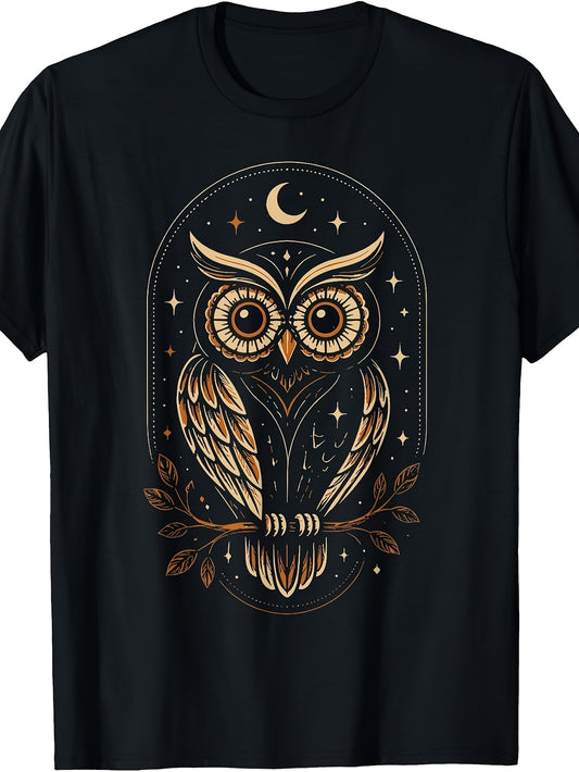 Mystic, Golden Owl Starry Night, T-Shirt, Celestial Branch Graphic, Crew Neck, Casual Wear
