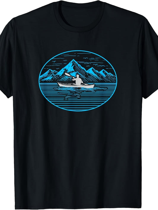 Men's & Women's Retro Vintage Kayaking T-Shirt - Suitable for Outdoor Adventure, -Season, Round Neck Regular Fit with Lake Mountain Graphic Print, Machine Washable Casual Wear for, Camping & Everyday Use