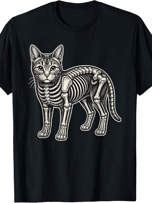Vintage Style, Men's And Women's T-Shirt, Skeleton Cat Graphic Design, Halloween Party Or Casual Daily Wear, Summer Autumn Spring