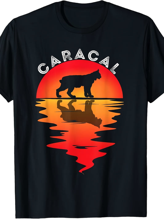 Retro Caracal Sunset Silhouette T-Shirt - Arabic Jungle Crew Neck Casual Tee, Machine Washable Suitable for - Wear, Caracal Graphic Top for Everyday Outfits & Themed Events