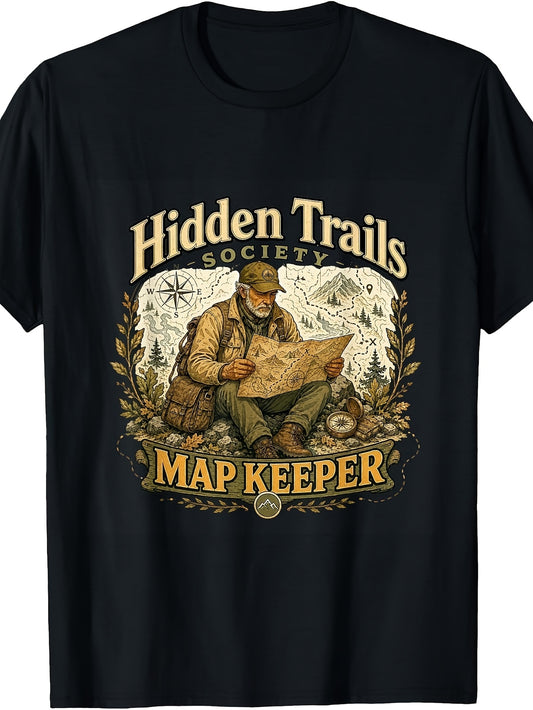 Outdoor Explorer, Hidden Trails Map Keeper, T-Shirt, Vintage Illustration, Crew Neck, Hiking Adventure