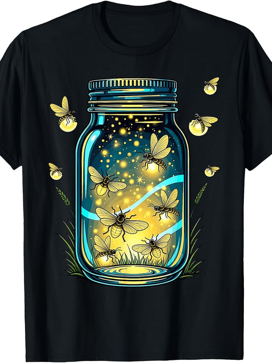 Men'S And Women'S T-Shirt, Glowing Fireflies in a Jar Design, Summer Outdoor Casual Wear