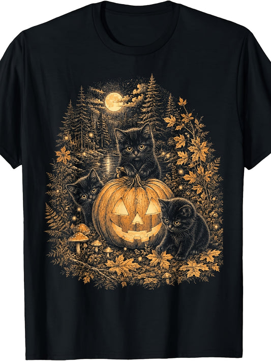 Men's & Women's Vintage Halloween T-Shirt - Retro Jack-O'-Lantern & Black Autumn Forest, Round Neck Regular Fit Fall Party Wear Suitable for Fall Season Holiday Costume Apparel, Machine Washable Casual Outfits